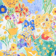 Frank's Garden wallpaper by Schumacher features a vibrant, hand-painted botanical design with colorful flowers in yellow, blue, and green hues.