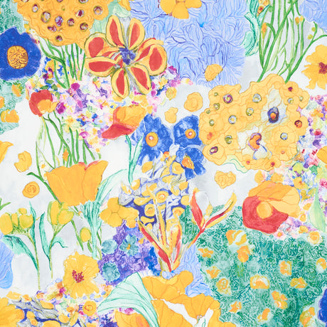 Frank's Garden wallpaper by Schumacher features a vibrant, hand-painted botanical design with colorful flowers in yellow, blue, and green hues.