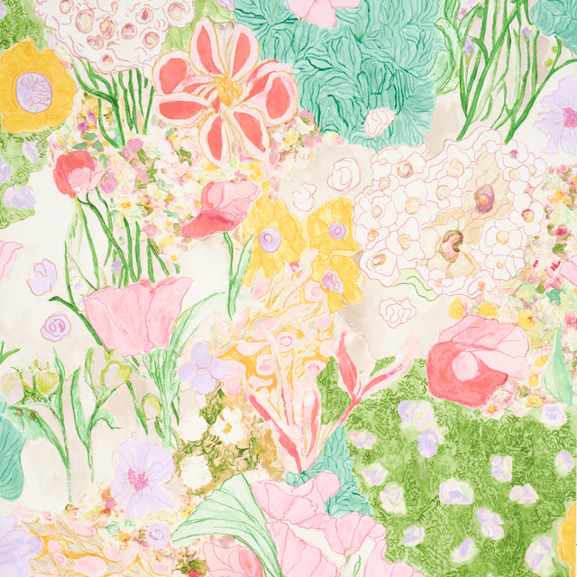 Frank's Garden wallpaper by Schumacher features a vibrant, hand-painted botanical design in pink, green, and yellow tones, inspired by Josef Frank.