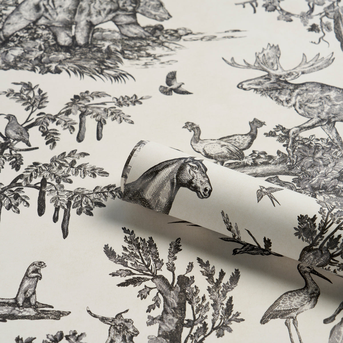 Western Toile Carbon by Schumacher Scenic Animal Wallpaper – Schumacher 5016440