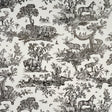 Western Toile wallpaper in Carbon by Schumacher, featuring detailed black and white etchings of North American animals and nature scenes.