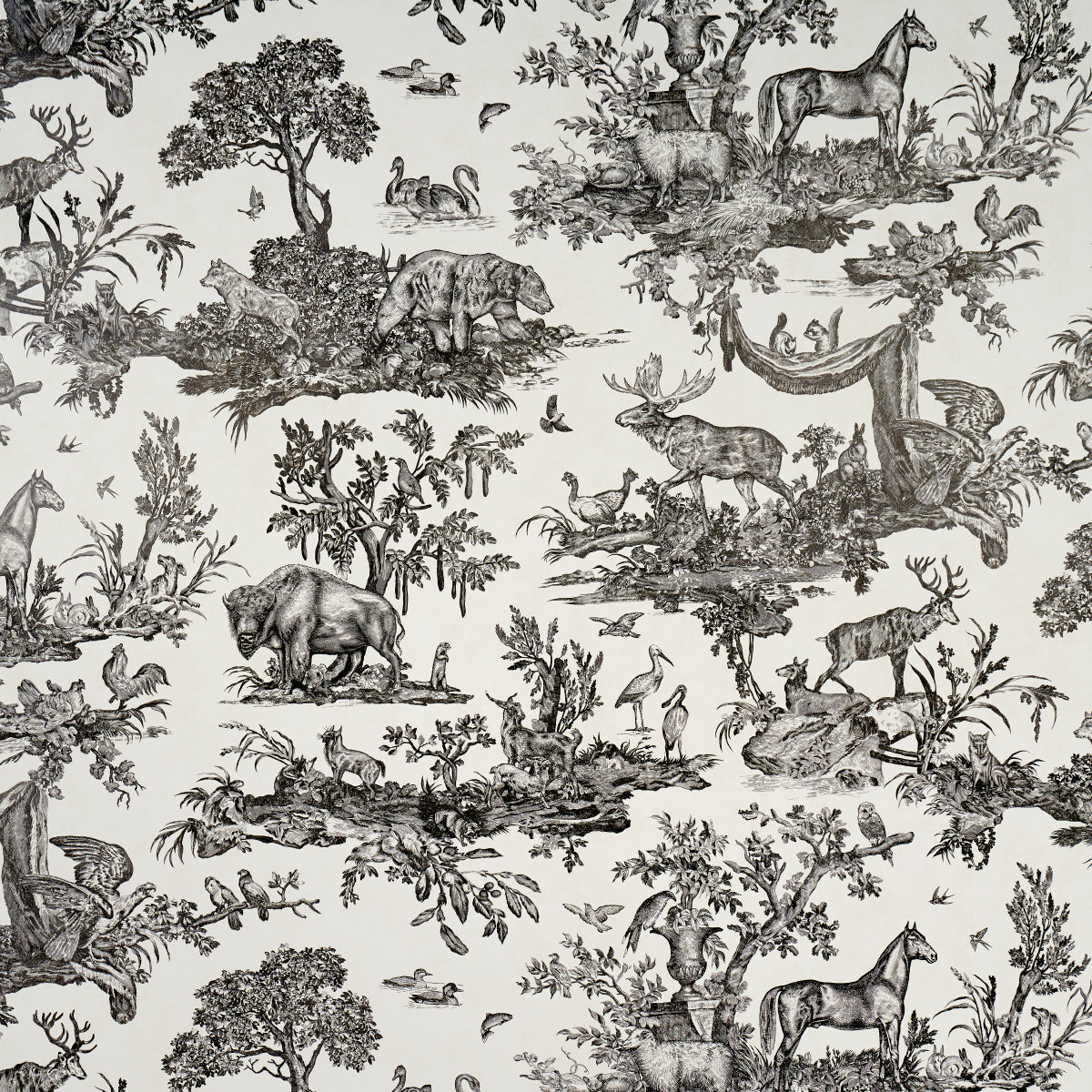 Western Toile wallpaper in Carbon by Schumacher, featuring detailed black and white etchings of North American animals and nature scenes.
