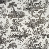 Western Toile wallpaper in Carbon by Schumacher, featuring detailed black and white etchings of North American animals and nature scenes.