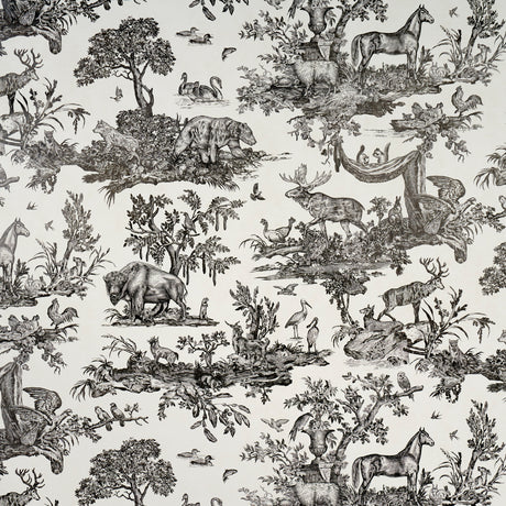 Western Toile wallpaper in Carbon by Schumacher, featuring detailed black and white etchings of North American animals and nature scenes.