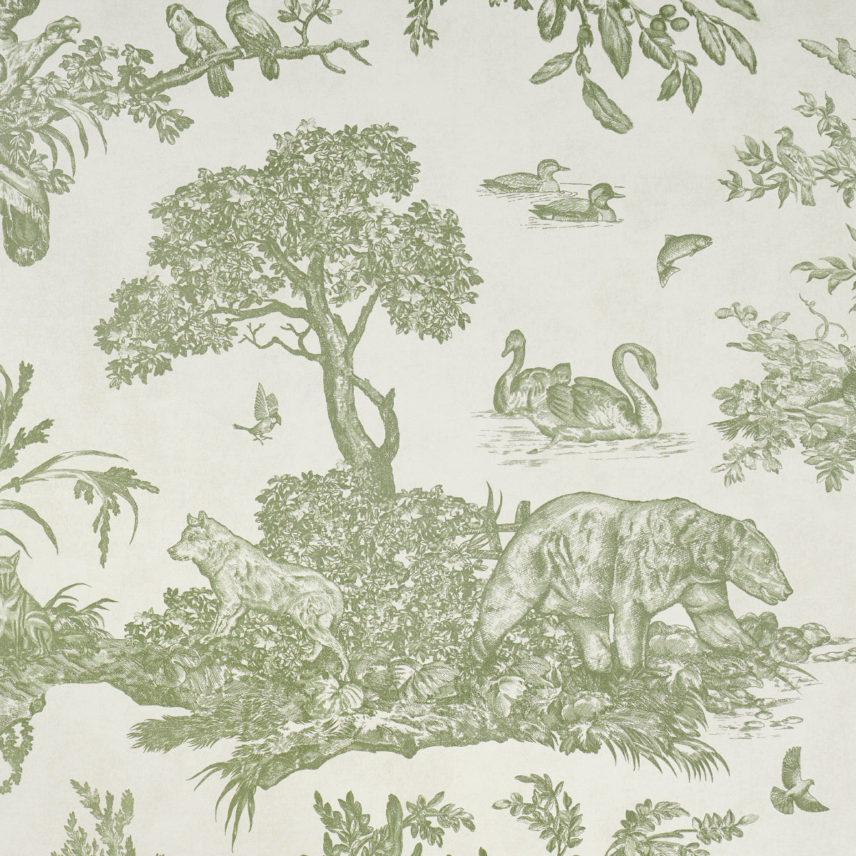 Western Toile Olive by Schumacher Classic North American Animal Toile Wallpaper – Schumacher 5016441