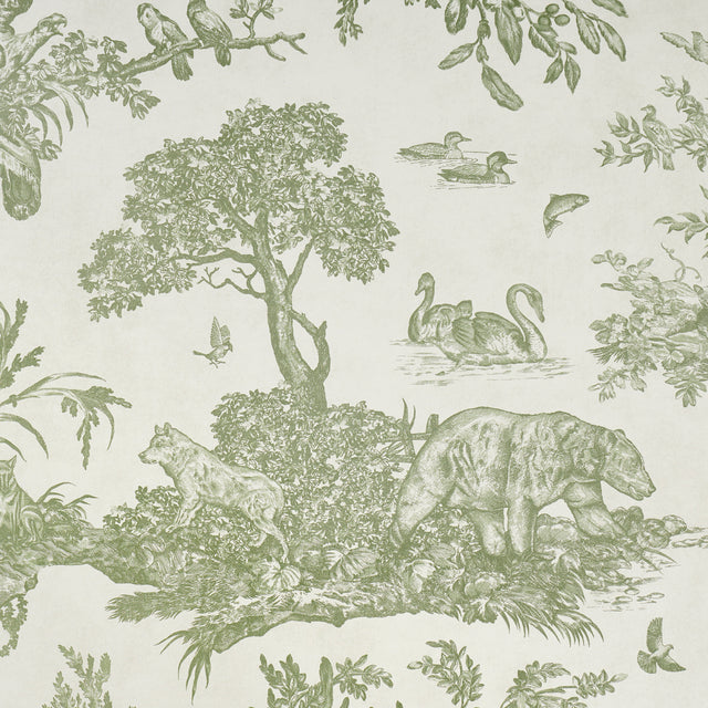 Western Toile Olive by Schumacher Classic North American Animal Toile Wallpaper – Schumacher 5016441