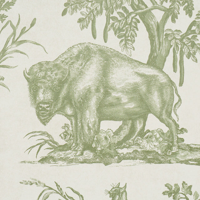 Western Toile Olive by Schumacher Classic North American Animal Toile Wallpaper – Schumacher 5016441