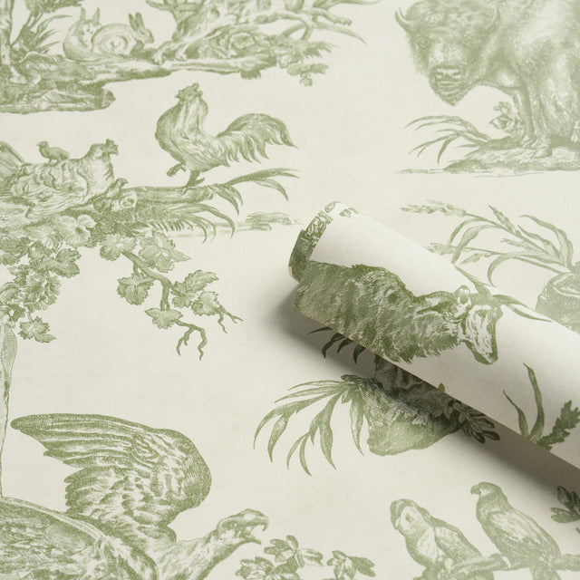 Western Toile Olive by Schumacher Classic North American Animal Toile Wallpaper – Schumacher 5016441