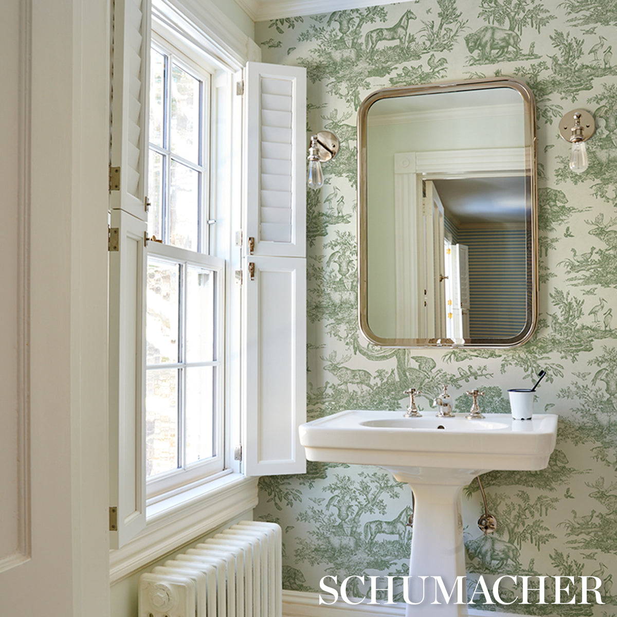 Western Toile Olive by Schumacher Classic North American Animal Toile Wallpaper – Schumacher 5016441