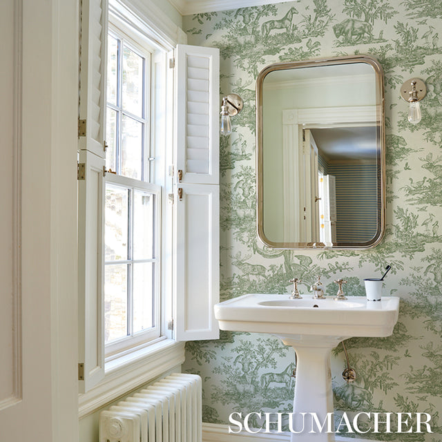 Western Toile Olive by Schumacher Classic North American Animal Toile Wallpaper – Schumacher 5016441