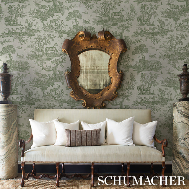 Western Toile Olive by Schumacher Classic North American Animal Toile Wallpaper – Schumacher 5016441