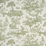 Western Toile wallpaper in Olive by Schumacher, featuring a traditional toile pattern with North American animals and nature scenes in green on a light background.
