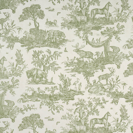 Western Toile wallpaper in Olive by Schumacher, featuring a traditional toile pattern with North American animals and nature scenes in green on a light background.