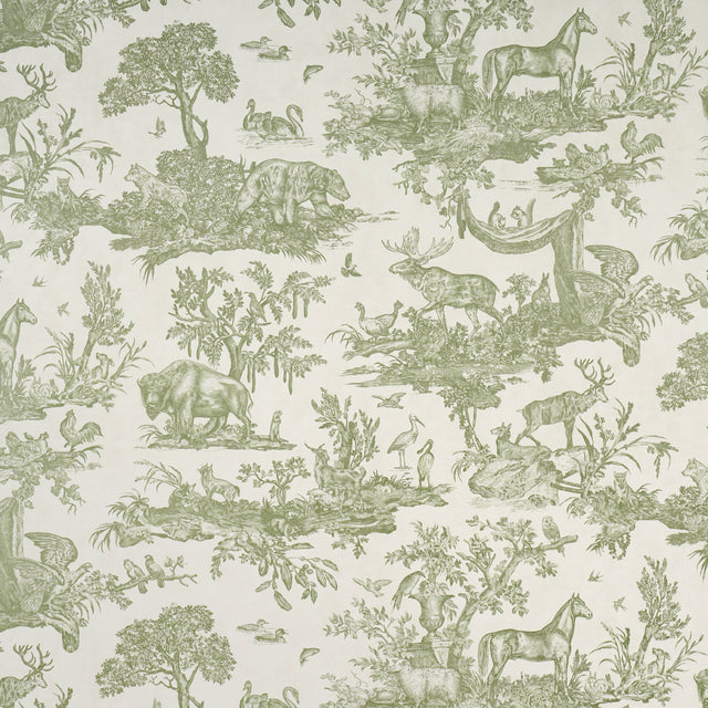 Western Toile wallpaper in Olive by Schumacher, featuring a traditional toile pattern with North American animals and nature scenes in green on a light background.