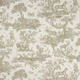 Western Toile wallpaper in Stone by Schumacher, featuring hand-drawn North American animals in a traditional toile pattern.