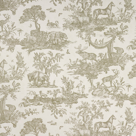 Western Toile wallpaper in Stone by Schumacher, featuring hand-drawn North American animals in a traditional toile pattern.