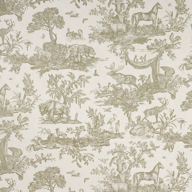 Western Toile wallpaper in Stone by Schumacher, featuring hand-drawn North American animals in a traditional toile pattern.