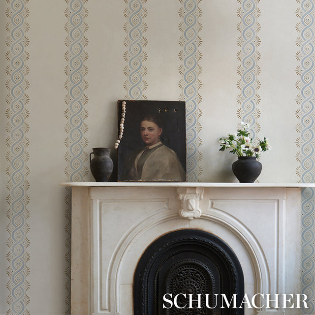 Leonidis Stripe Blue by Schumacher Hand-Painted Ogee Stripe Wallpaper – Schumacher 5016460