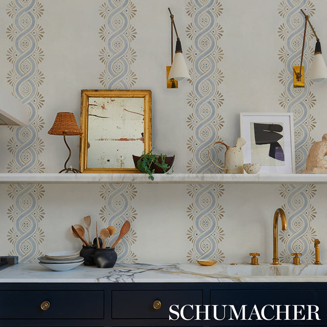 Leonidis Stripe Blue by Schumacher Hand-Painted Ogee Stripe Wallpaper – Schumacher 5016460
