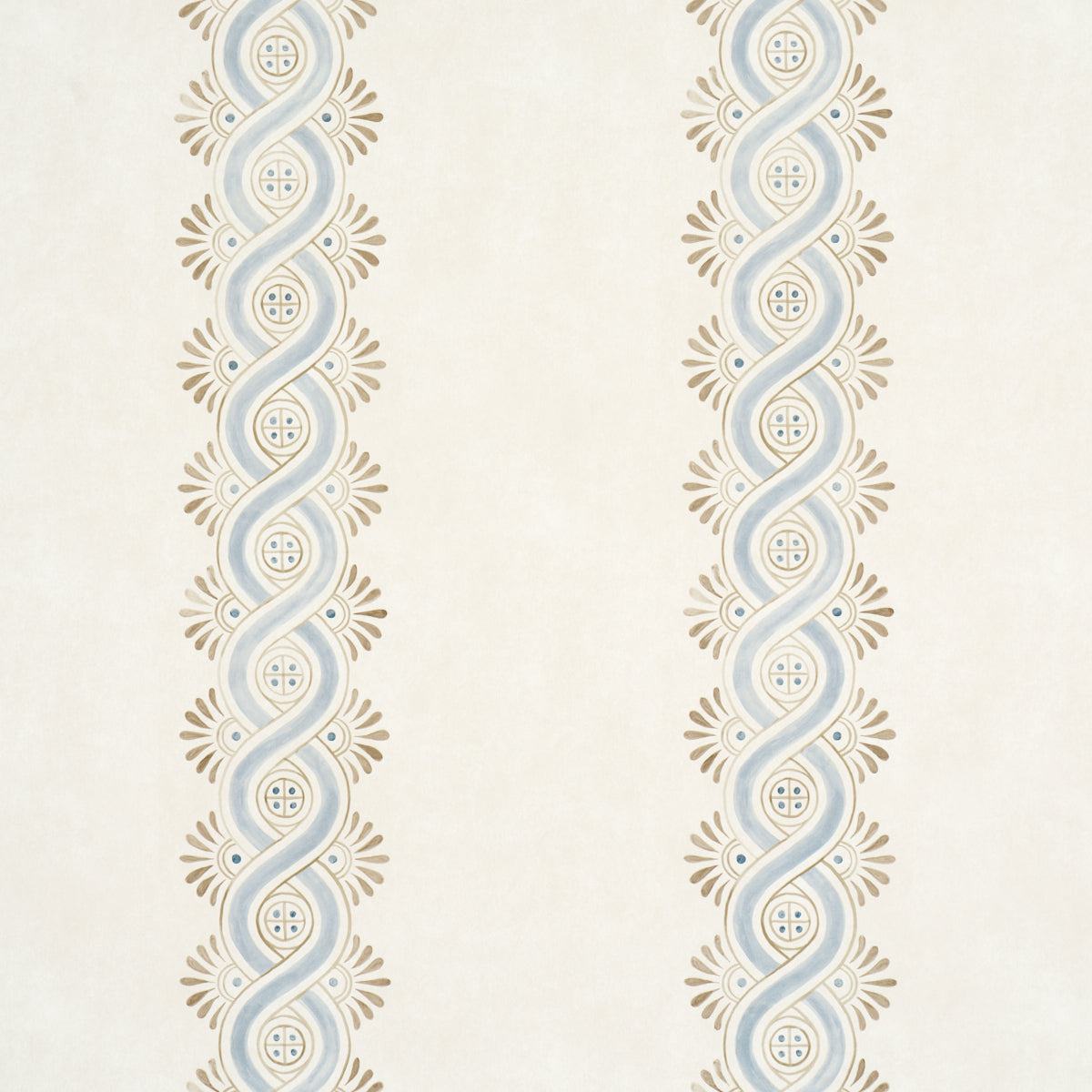 Leonidis Stripe wallpaper in blue and beige, featuring a hand-painted ogee stripe inspired by ancient frescoes, styled in a modern interior setting.