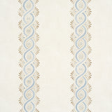 Leonidis Stripe wallpaper in blue and beige, featuring a hand-painted ogee stripe inspired by ancient frescoes, styled in a modern interior setting.