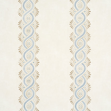 Leonidis Stripe wallpaper in blue and beige, featuring a hand-painted ogee stripe inspired by ancient frescoes, styled in a modern interior setting.