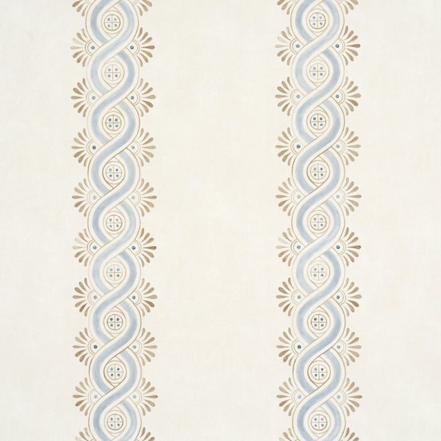Leonidis Stripe wallpaper in blue and beige, featuring a hand-painted ogee stripe inspired by ancient frescoes, styled in a modern interior setting.