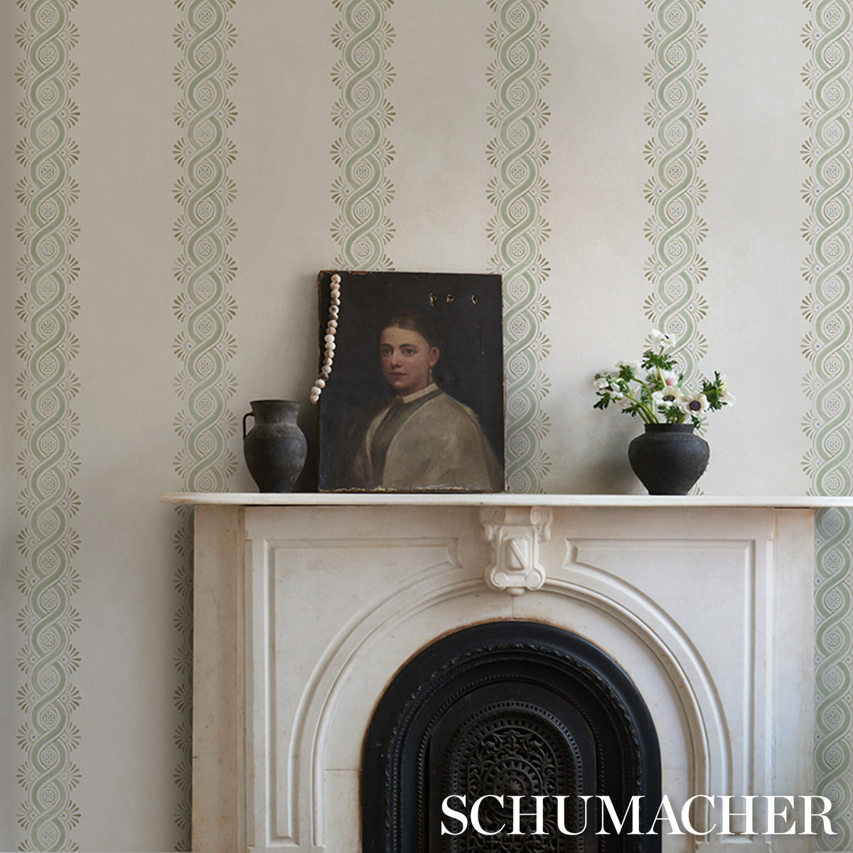 Leonidis Stripe Green by Schumacher Artistic Ogee Stripe Wallpaper – Schumacher 5016461