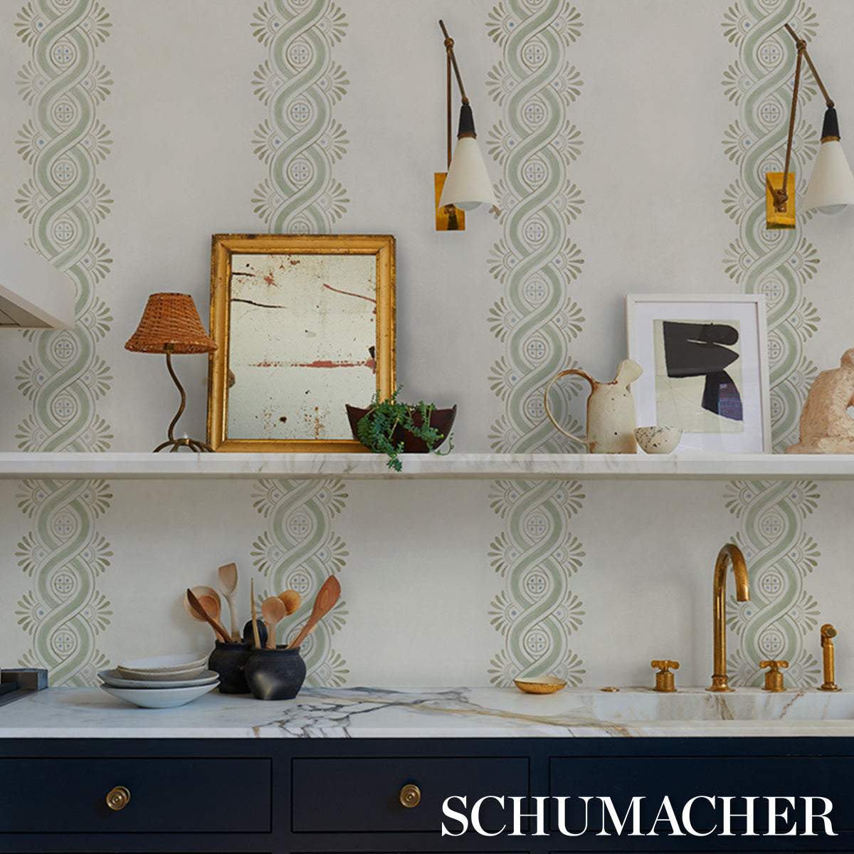 Leonidis Stripe Green by Schumacher Artistic Ogee Stripe Wallpaper – Schumacher 5016461