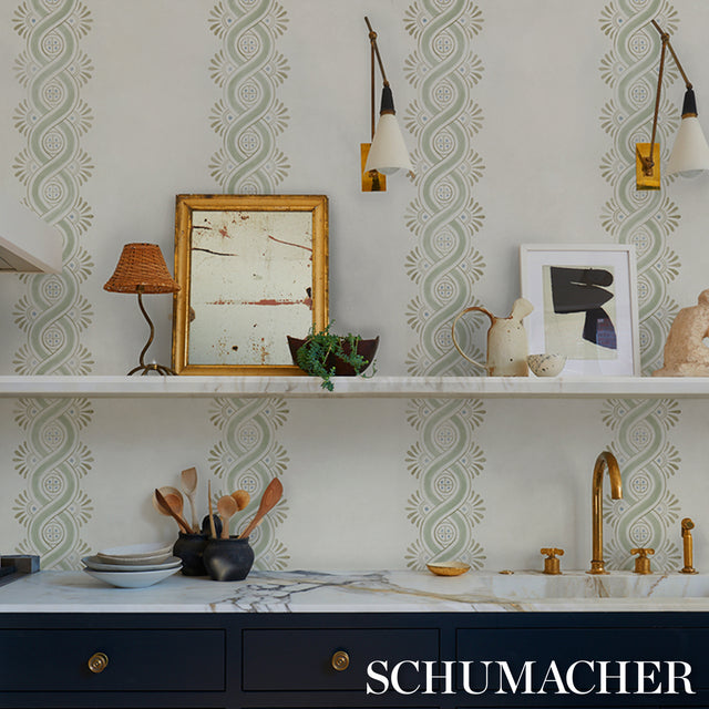 Leonidis Stripe Green by Schumacher Artistic Ogee Stripe Wallpaper – Schumacher 5016461