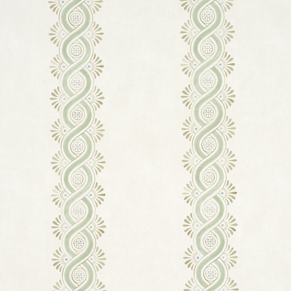 Leonidis Stripe wallpaper in green, featuring a hand-painted ogee stripe inspired by ancient frescoes, on a mottled ground.