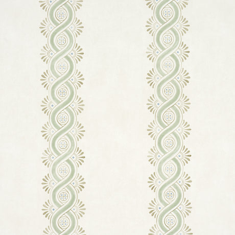 Leonidis Stripe wallpaper in green, featuring a hand-painted ogee stripe inspired by ancient frescoes, on a mottled ground.