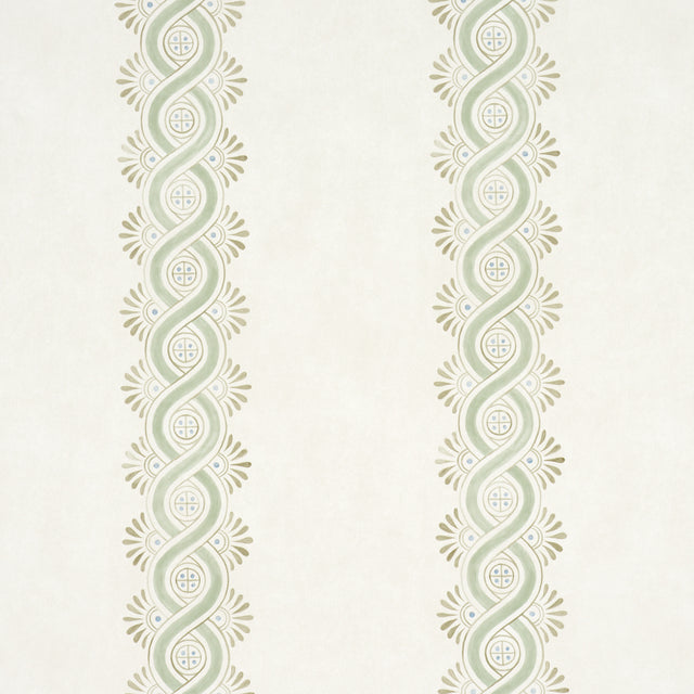 Leonidis Stripe wallpaper in green, featuring a hand-painted ogee stripe inspired by ancient frescoes, on a mottled ground.