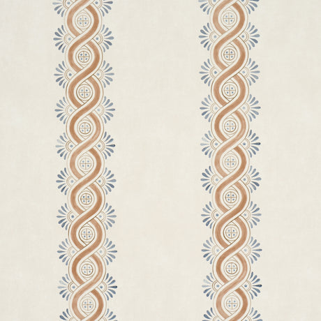Leonidis Stripe wallpaper in Saffron by Schumacher, featuring a hand-painted ogee stripe inspired by ancient French frescoes, shown in a styled interior and close-up views.