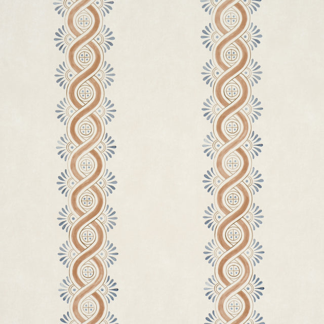 Leonidis Stripe wallpaper in Saffron by Schumacher, featuring a hand-painted ogee stripe inspired by ancient French frescoes, shown in a styled interior and close-up views.