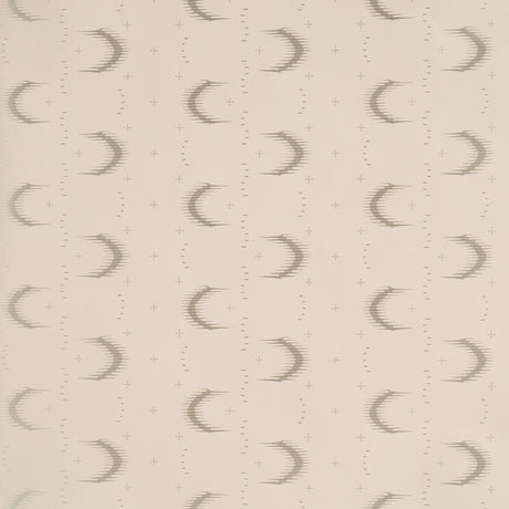 Aristelle Warm Silver abstract geometric wallpaper with ikat-inspired feathered stripe effect by Schumacher, shown in a modern bedroom setting.