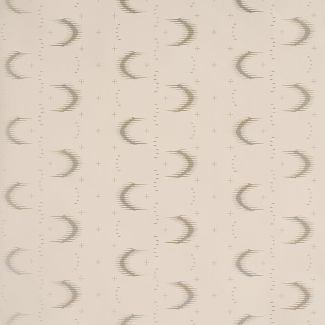 Aristelle Warm Silver abstract geometric wallpaper with ikat-inspired feathered stripe effect by Schumacher, shown in a modern bedroom setting.