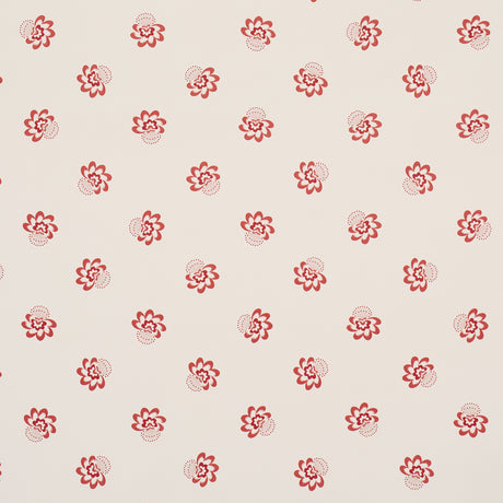 Red tossed-flower pattern wallpaper, Auclair Floral by Schumacher, shown in a styled bathroom setting.