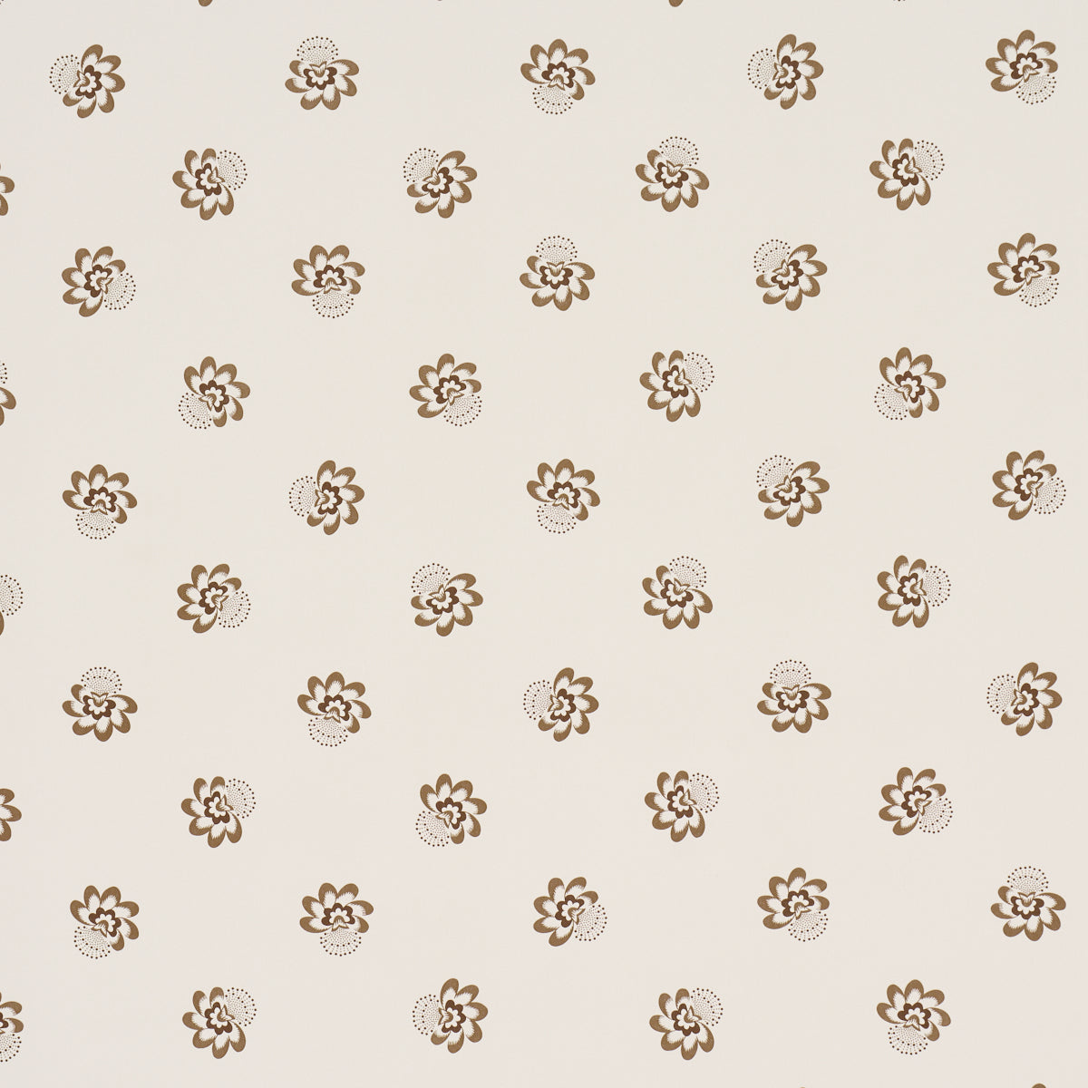 Brown floral tossed small-scale wallpaper pattern on a light background, Auclair Floral by Schumacher, shown in a styled bathroom interior.