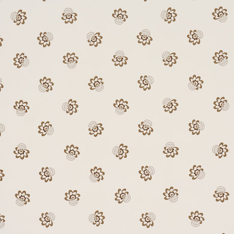 Brown floral tossed small-scale wallpaper pattern on a light background, Auclair Floral by Schumacher, shown in a styled bathroom interior.
