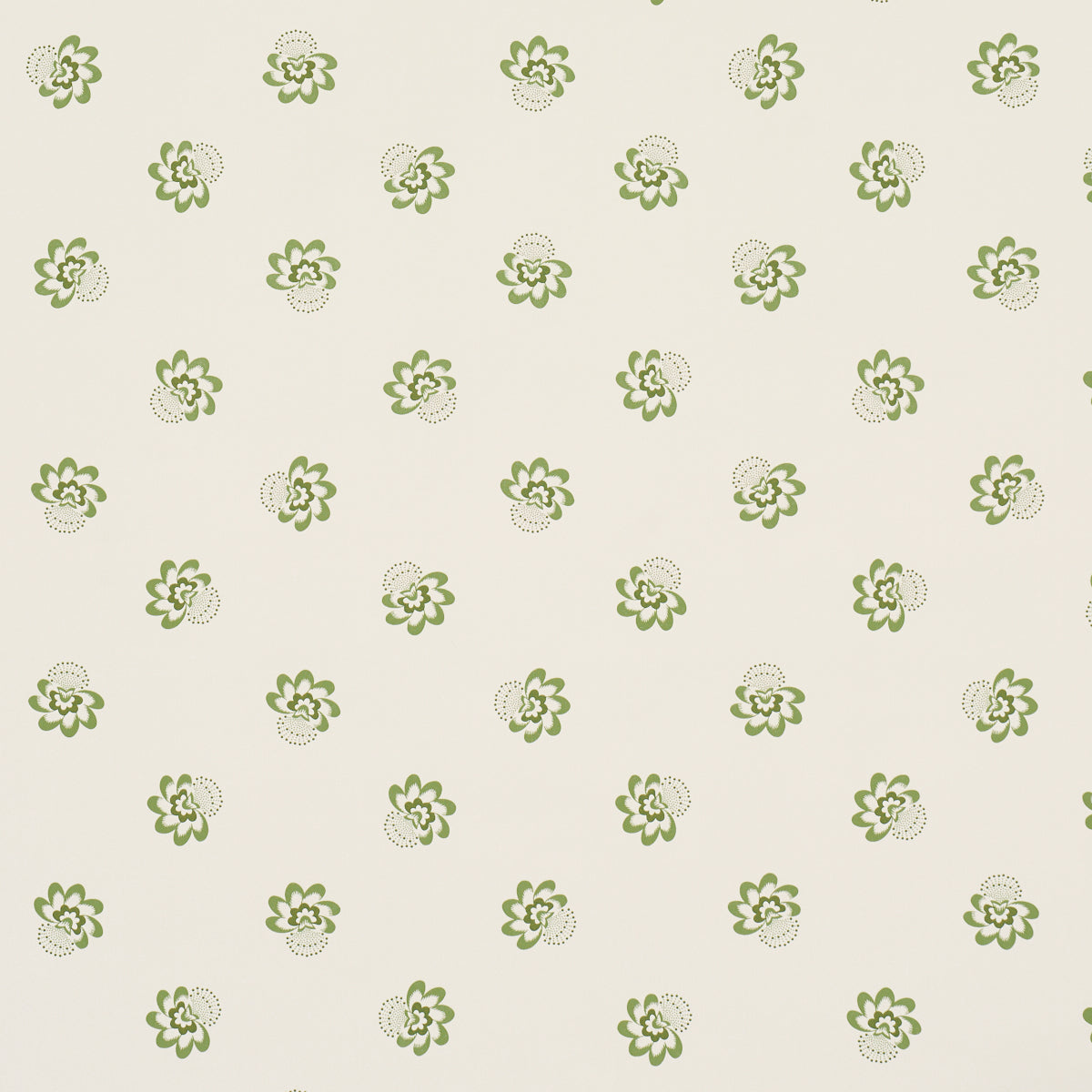 Green floral tossed small-scale wallpaper pattern on a light background, Auclair Floral by Schumacher.