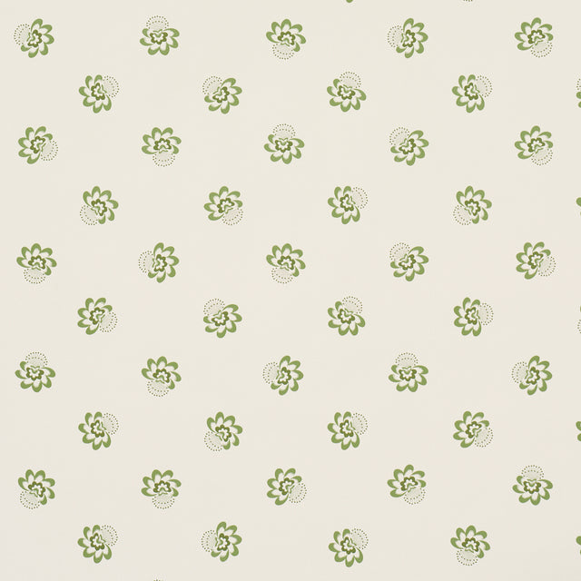 Green floral tossed small-scale wallpaper pattern on a light background, Auclair Floral by Schumacher.