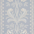 Bell Flowers wallpaper in light blue with ornate floral stripe pattern, surface-printed for texture and dimension, styled in a bedroom and living room setting.