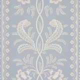 Bell Flowers wallpaper in light blue with ornate floral stripe pattern, surface-printed for texture and dimension, styled in a bedroom and living room setting.