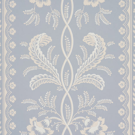 Bell Flowers wallpaper in light blue with ornate floral stripe pattern, surface-printed for texture and dimension, styled in a bedroom and living room setting.