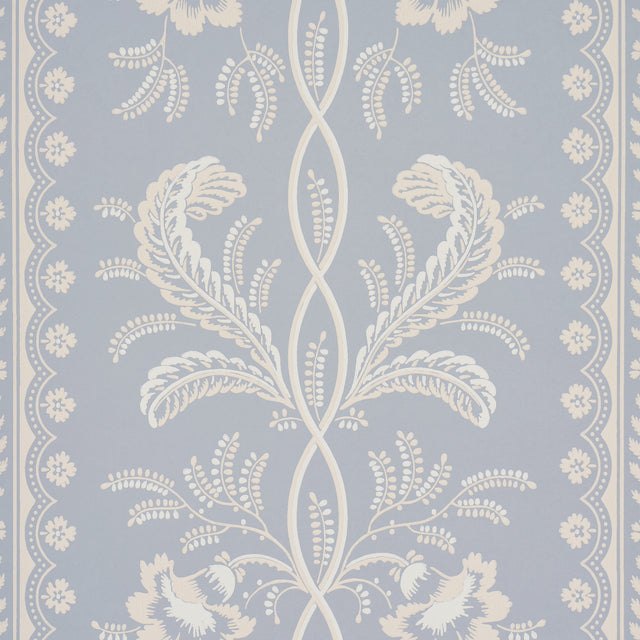 Bell Flowers wallpaper in light blue with ornate floral stripe pattern, surface-printed for texture and dimension, styled in a bedroom and living room setting.
