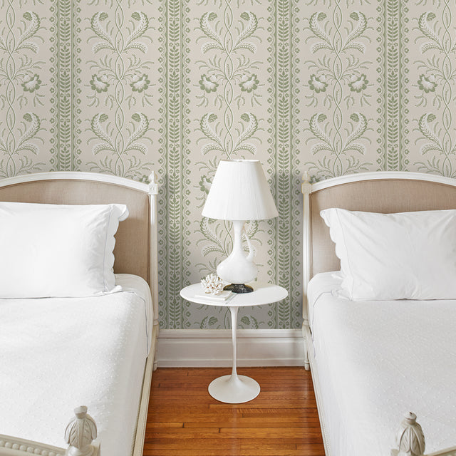 Bell Flowers Green by Schumacher Ornate Floral Stripe Wallpaper – Schumacher 5016491