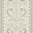 Bell Flowers wallpaper in green by Schumacher, featuring an ornate floral stripe pattern with surface-printed texture, shown in a styled interior and close-up views.