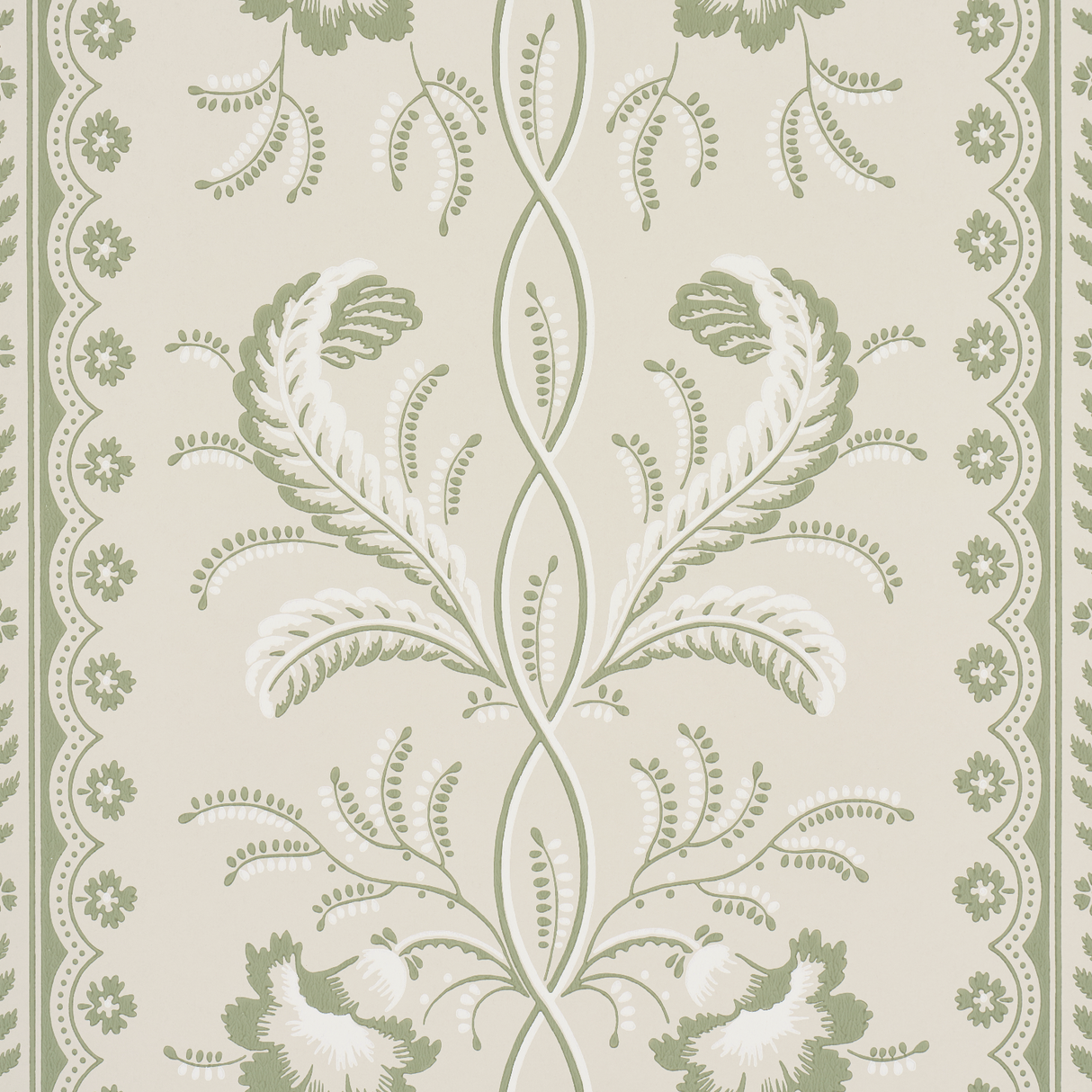 Bell Flowers wallpaper in green by Schumacher, featuring an ornate floral stripe pattern with surface-printed texture, shown in a styled interior and close-up views.