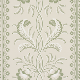 Bell Flowers wallpaper in green by Schumacher, featuring an ornate floral stripe pattern with surface-printed texture, shown in a styled interior and close-up views.